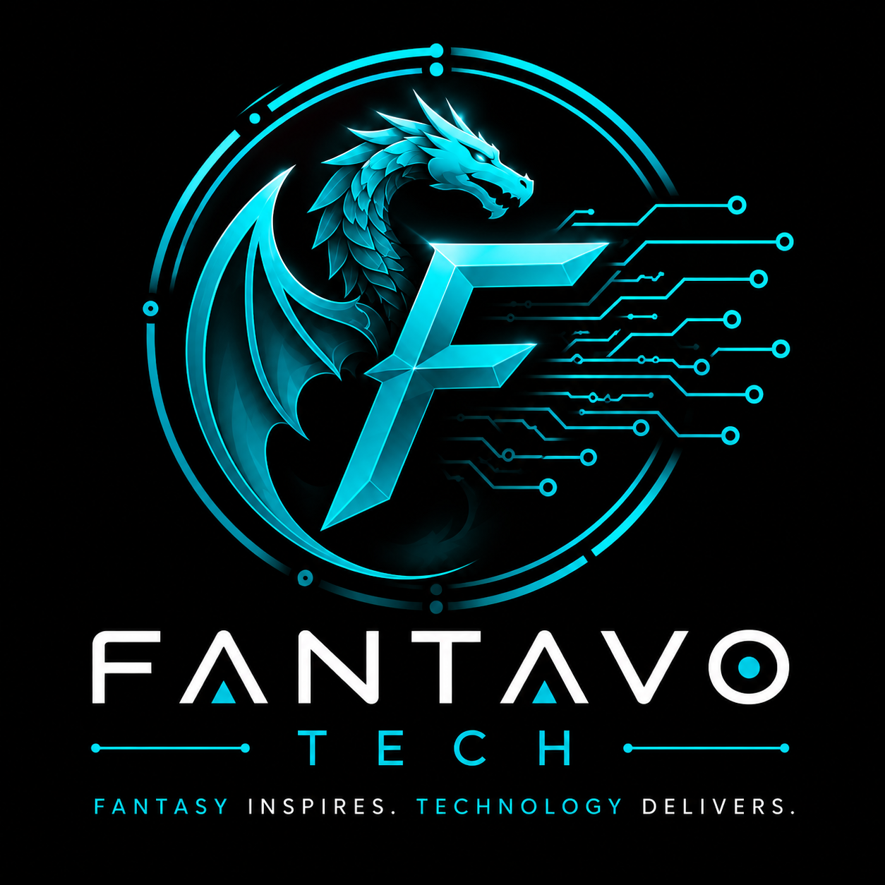 Fantavo Tech logo: a turquoise dragon and a letter F connected to circuit lines